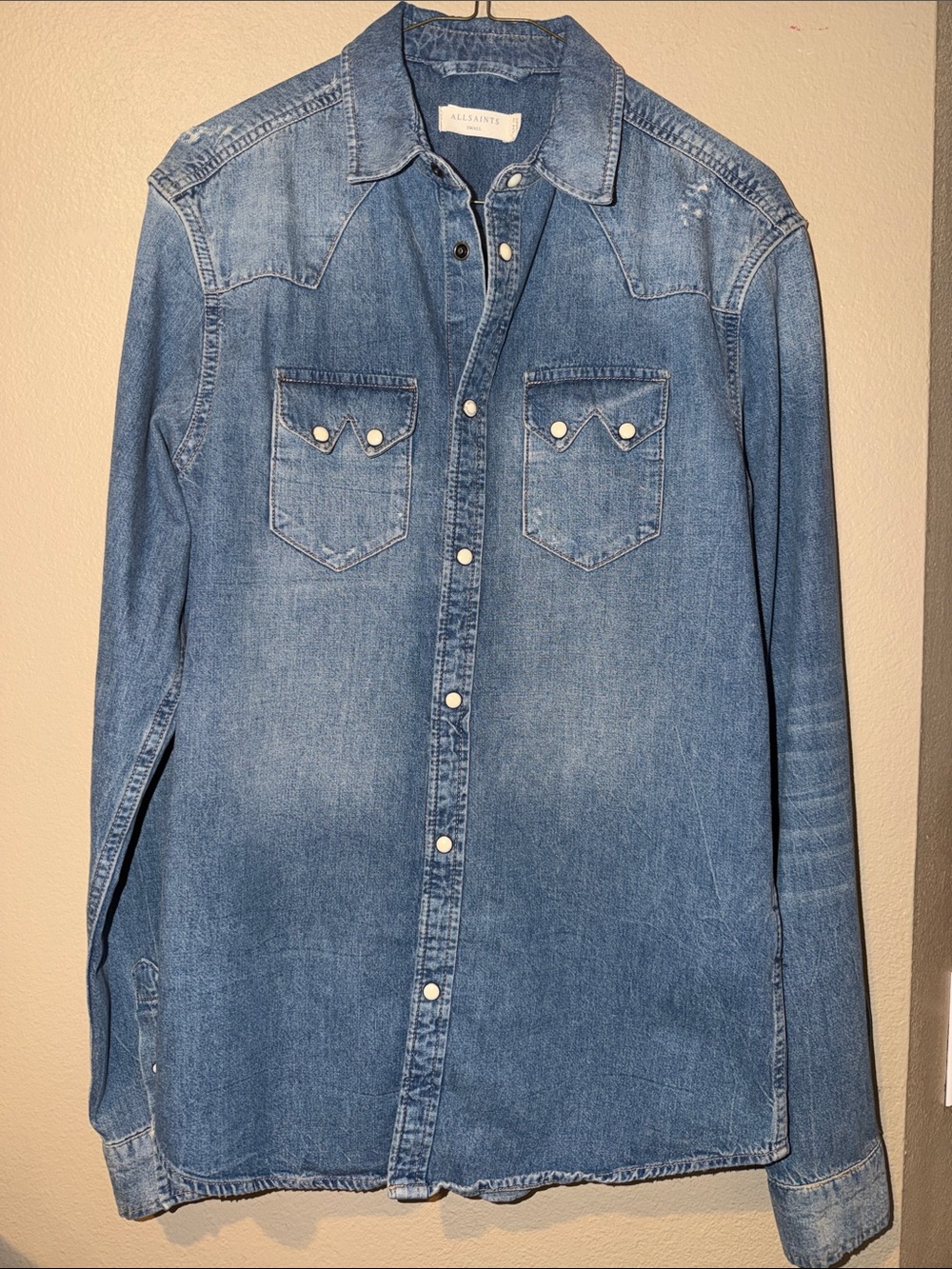 All Saints Distressd Ombré Pearl Snap Denim Shirt